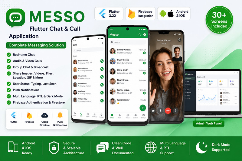 Messo - Flutter Messaging, Chat + Video Call App | Android & iOS | Admin Panel