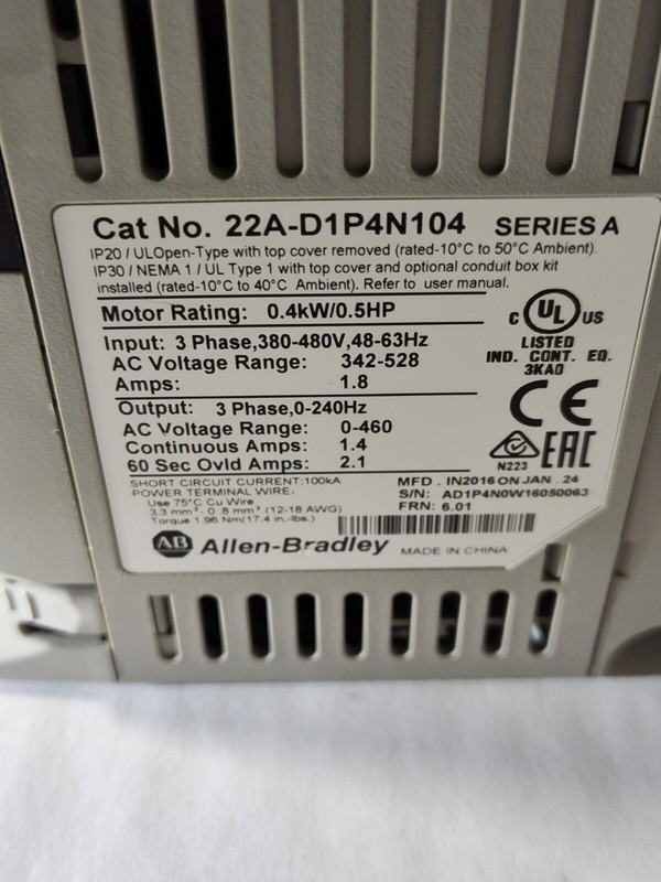 POWER FLEX 4 _ 22A-D1P4N104 _ TESTED _ 0.4kW/0.5HP _ 3 PHASE,380-480V gallery