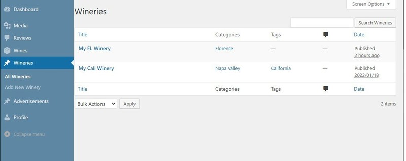 Wines and Wineries Review Board as Web Application with mobile responsive design gallery