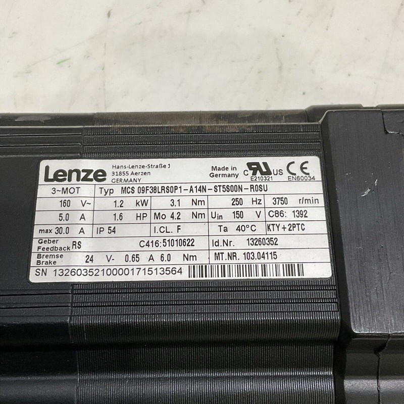 LENZE MCS 09F38LRS0P1-A14N-ST500N-R0SU SERVO MOTOR 160V 5.0A 30A 3750 RPM U3S gallery