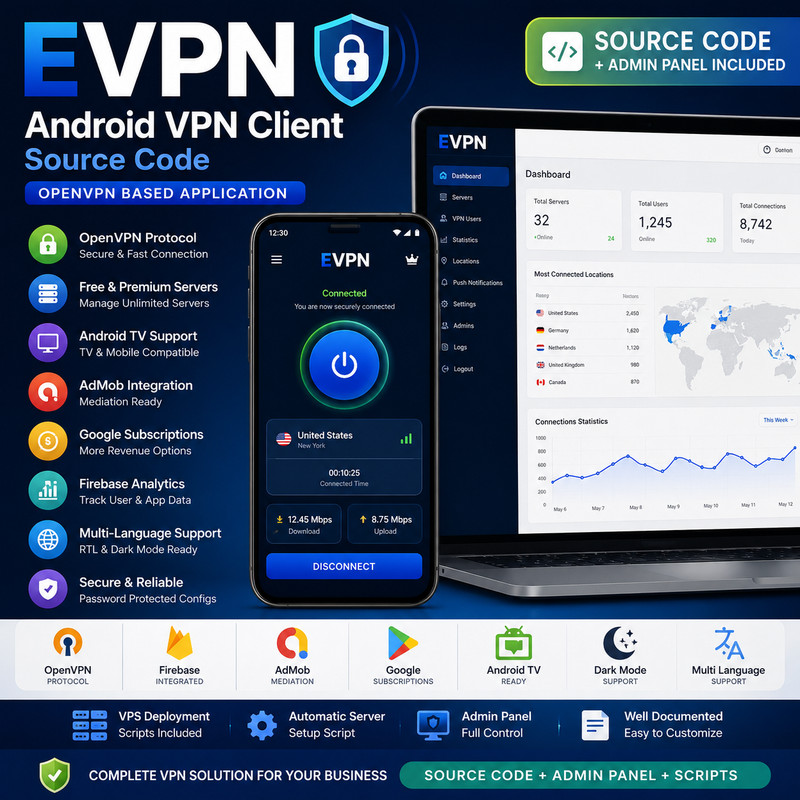 EVPN – Android VPN Client Android App | OpenVPN Based App + Admin Panel + AdMob