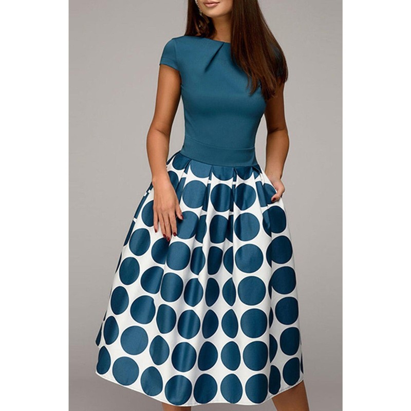 POLKADOT VINTAGE A LINE DRESS - SPRING - CASUAL - SIZE L - BLUE & WHITE