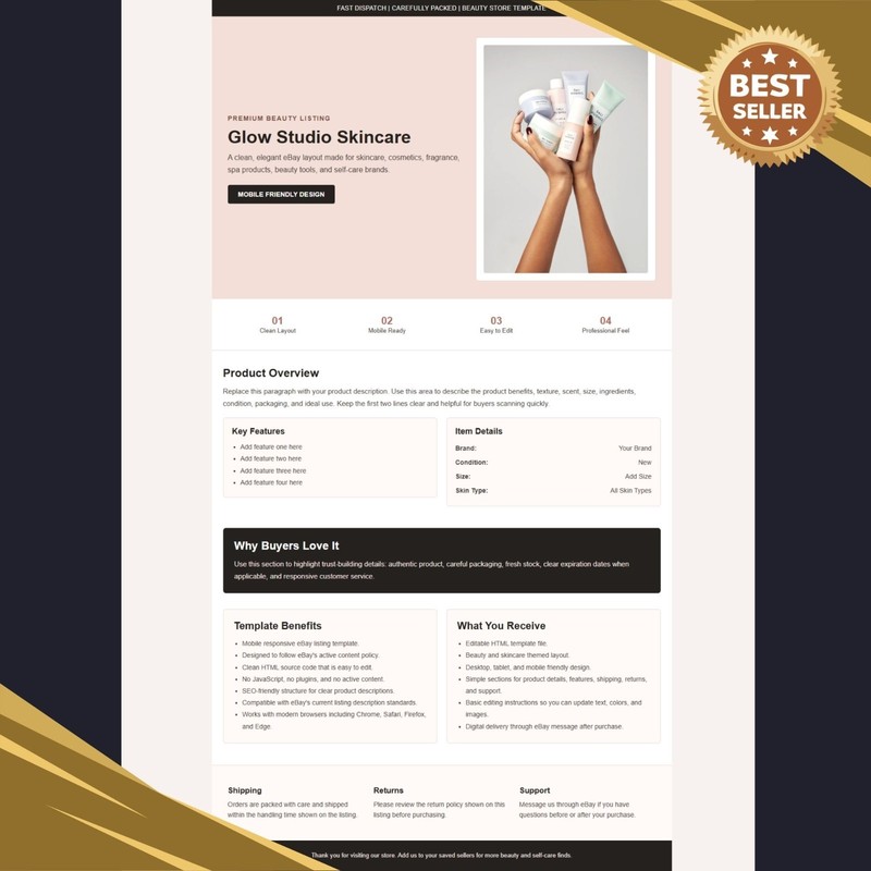 eBay Listing Template HTML Mobile Responsive Beauty Skincare Cosmetics 2026✅ gallery