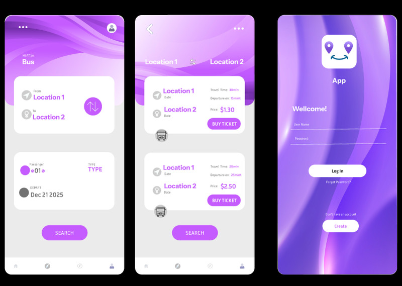 Bus Ticket App UI Template | Mobile Travel Booking Design | Modern Purple Layout gallery