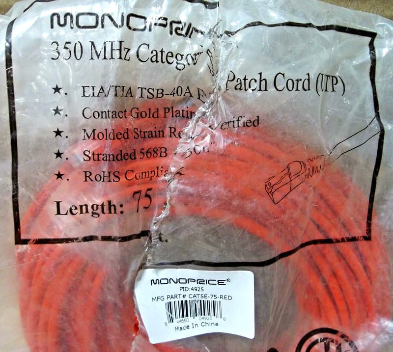 NEW MONOPRICE 4925 CAT5E-75-RED BARE COPPER ETHERNET NETWORK CABLE 350MHz 75FT gallery