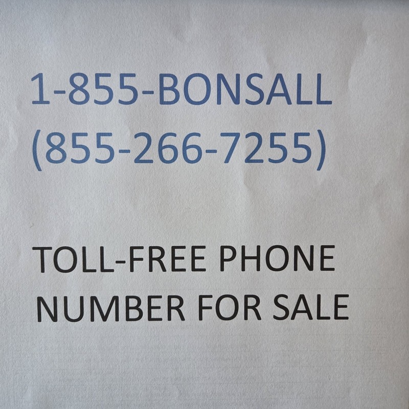 Toll Free 800 Vanity Number 855- BONSALL ideal for real estate California