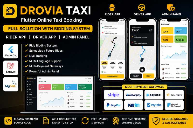 Drovia - Flutter Taxi Booking Solution | Rider + Driver App | Laravel Admin Pnel