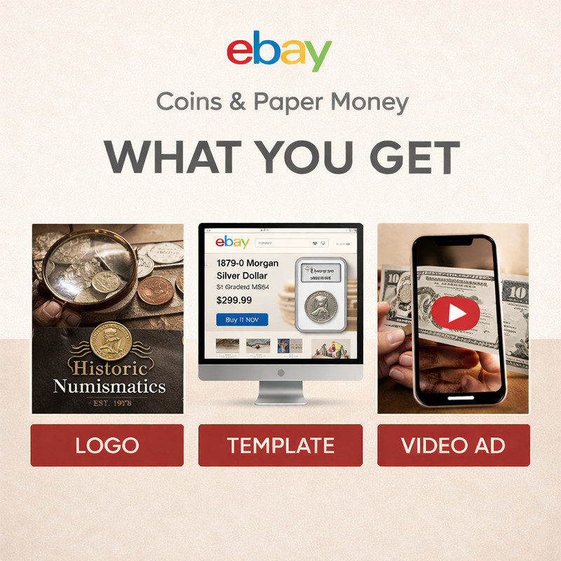 ebay store listing template, logo design and 60 sec video Coins & Paper Money