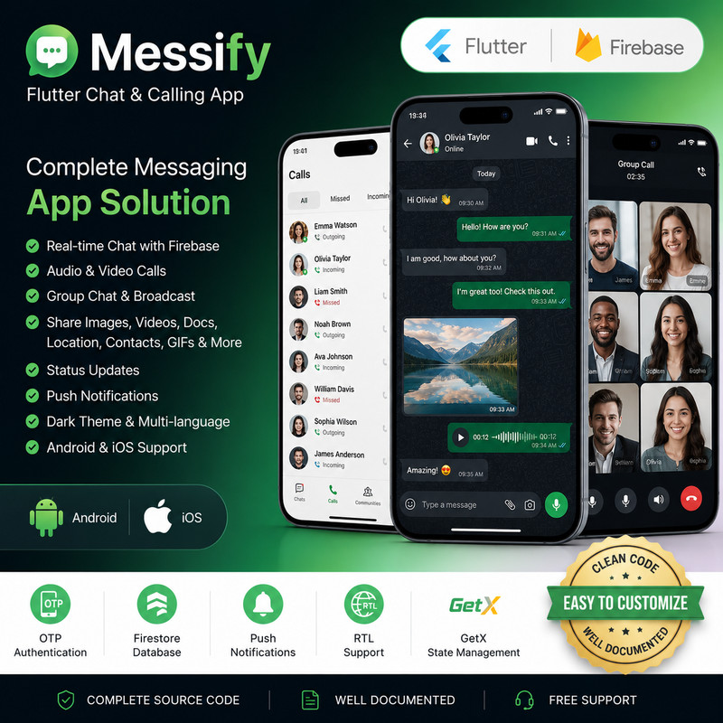Messify Flutter Chat App | Android & iOS | Firebase Chat, Voice & Video Call