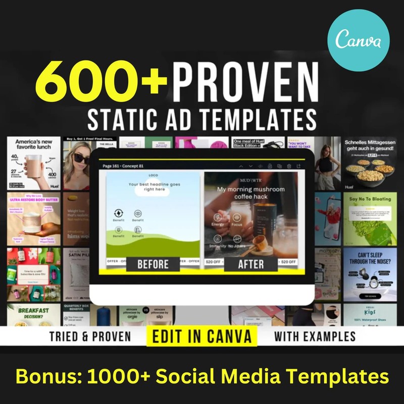 600+ High-Converting Static Ads Canva Templates | Bonus 1000+ Social Media