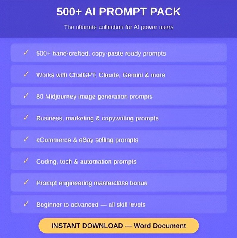 Ultimate AI Prompt Bundle 2026 | 500+ ChatGPT, Midjourney & Claude Prompts gallery