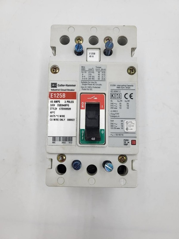 Cutler Hammer Industrial Circuit Breaker E125B 40 amps EGB3040FFG
