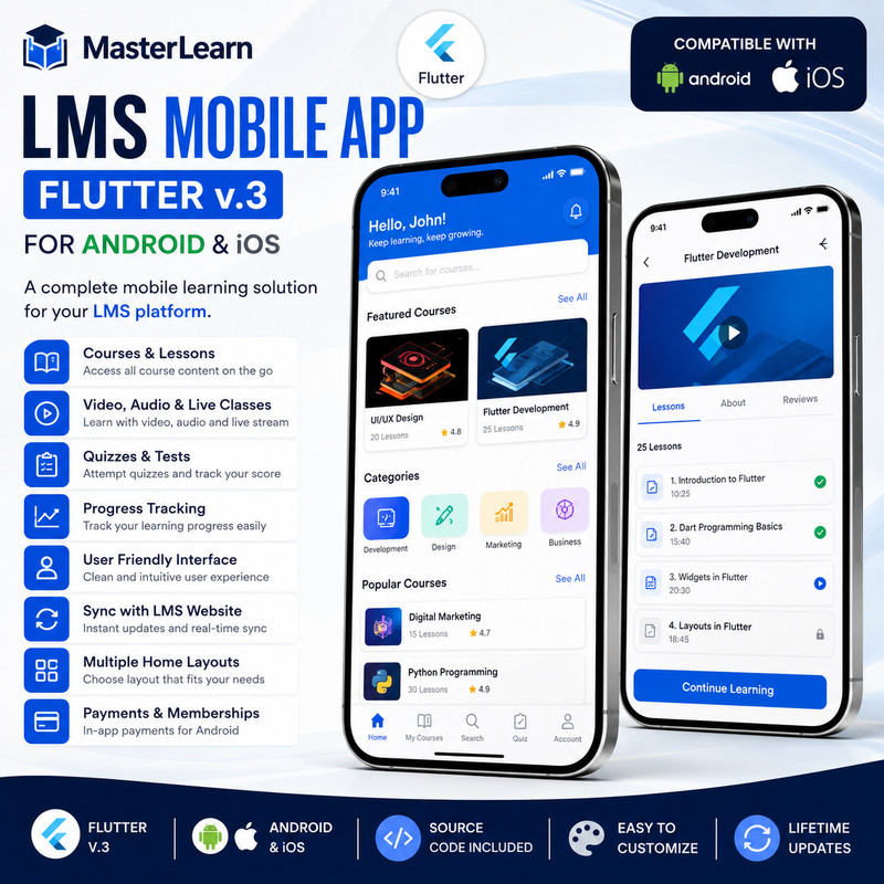 MasterLearn LMS Flutter Mobile App | Android & iOS | Learning Management System