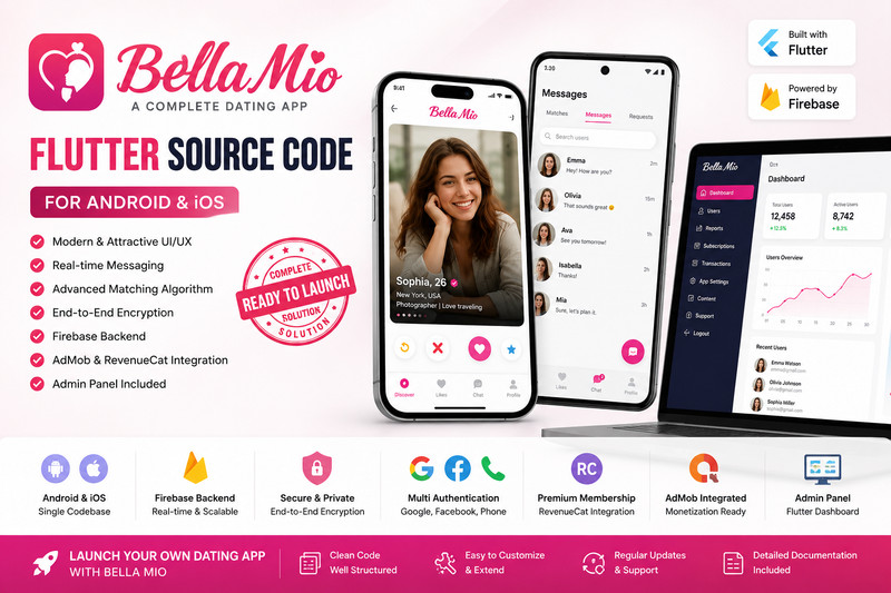 Bella Mio – Flutter Dating App | iOS + Android | Firebase Admin Panel